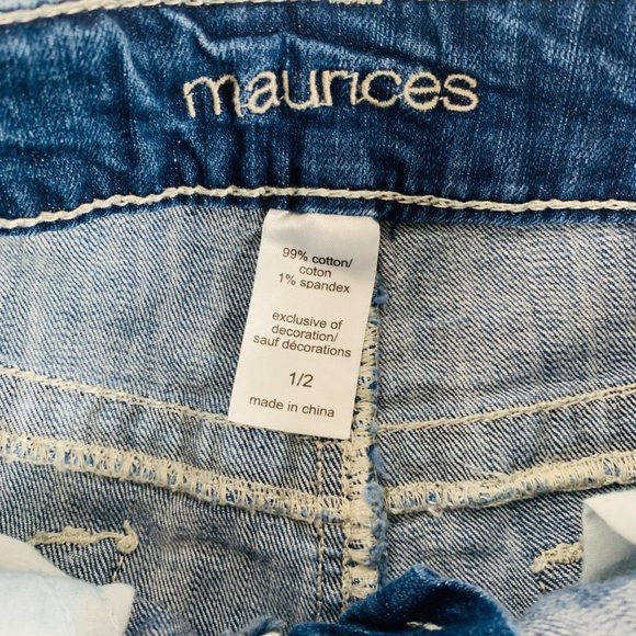 Maurices Embroidered Jean Shorts Juniors Sz XS Blue Denim Destroyed Cutoff Stret - Picture 6 of 11